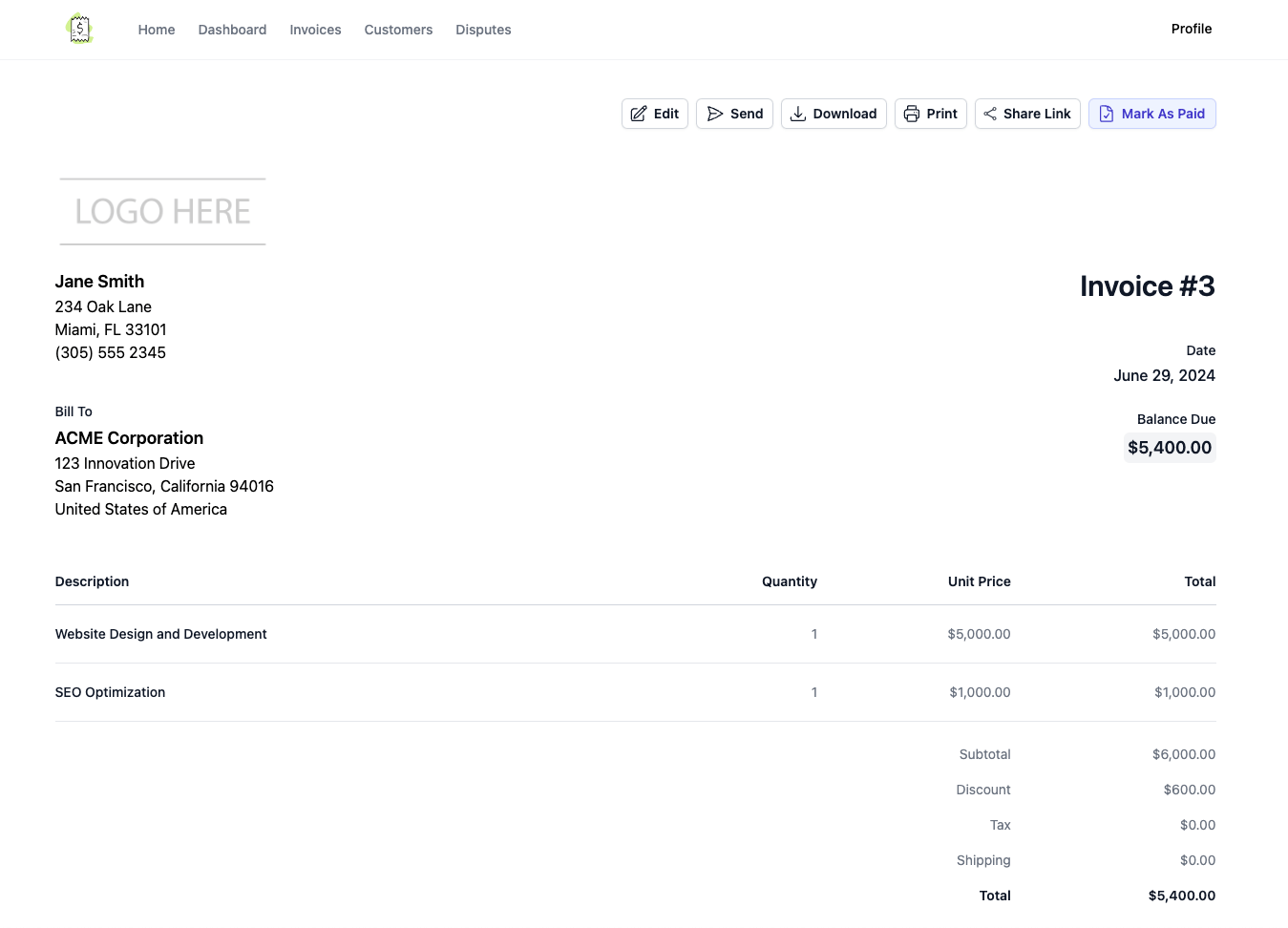 Invoice details screenshot