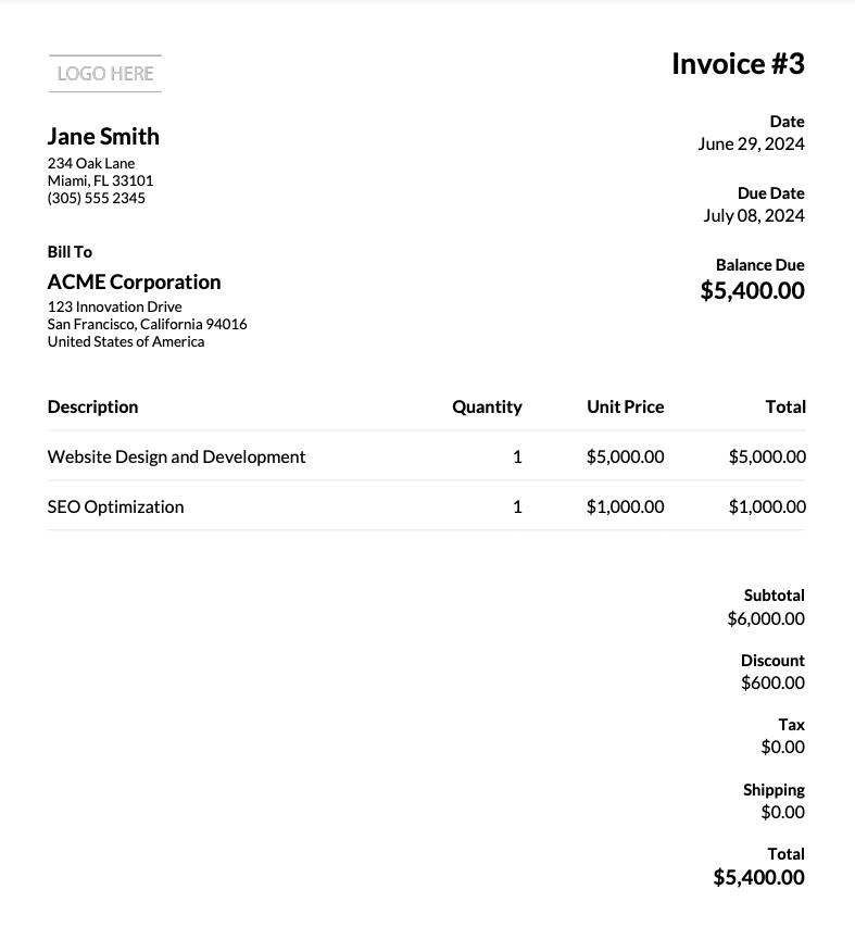 Invoice PDF screenshot